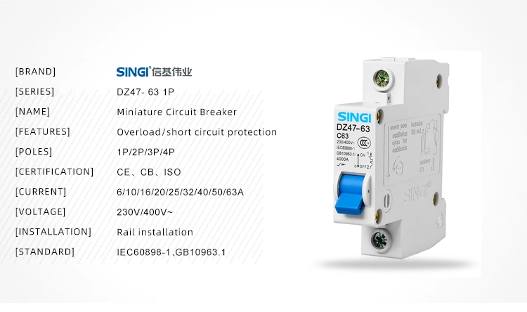 6ka CE Certified C Type 50/60Hz AC Miniature Circuit Breaker MCB